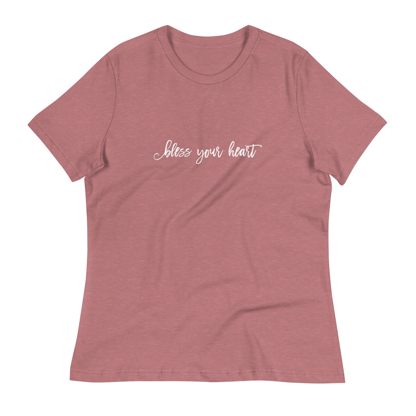 Heather Mauve women's relaxed fit t-shirt with white graphic in an excessively twee font: "bless your heart"
