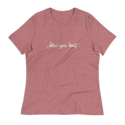 Heather Mauve women's relaxed fit t-shirt with white graphic in an excessively twee font: "bless your heart"