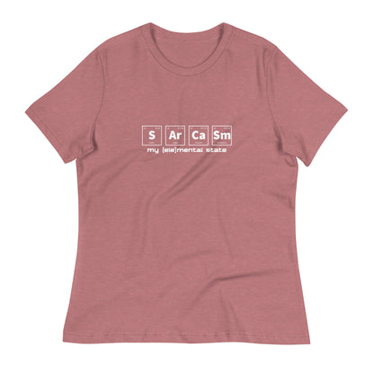 Heather Mauve women's relaxed fit t-shirt with graphic of periodic table of elements symbols for Sulfur (S), Argon (Ar), Calcium (Ca), and Samarium (Sm) and text "my (ele)mental state"