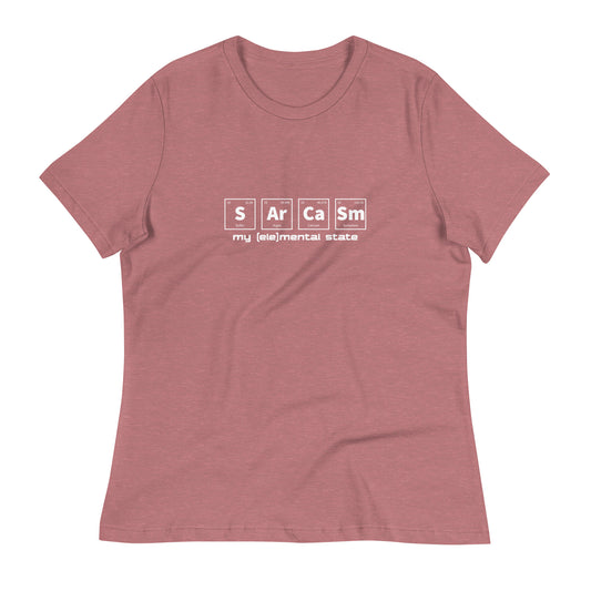 Heather Mauve women's relaxed fit t-shirt with graphic of periodic table of elements symbols for Sulfur (S), Argon (Ar), Calcium (Ca), and Samarium (Sm) and text "my (ele)mental state"