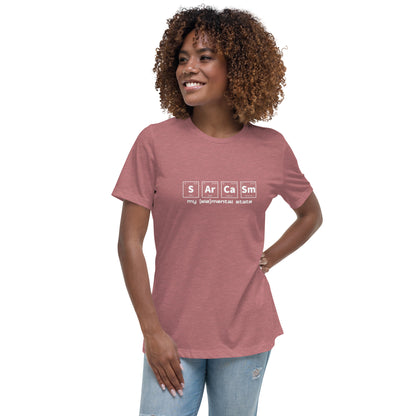 Model wearing Heather Mauve women's relaxed fit t-shirt with graphic of periodic table of elements symbols for Sulfur (S), Argon (Ar), Calcium (Ca), and Samarium (Sm) and text "my (ele)mental state"