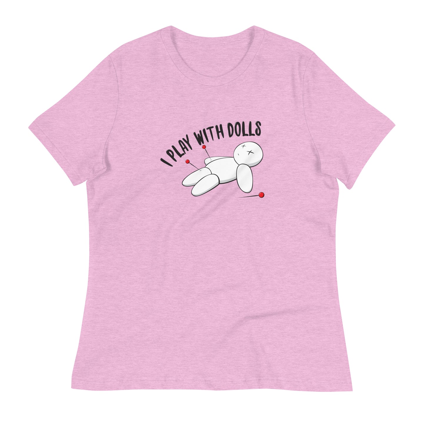 Heather Prism Lilac women's relaxed fit t-shirt with graphic of white voodoo doll with Xs for eyes stuck with several pins and text "I PLAY WITH DOLLS"