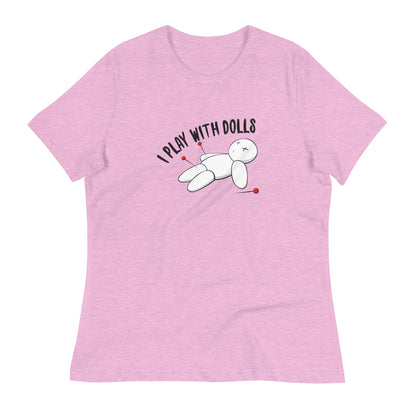 Heather Prism Lilac women's relaxed fit t-shirt with graphic of white voodoo doll with Xs for eyes stuck with several pins and text "I PLAY WITH DOLLS"