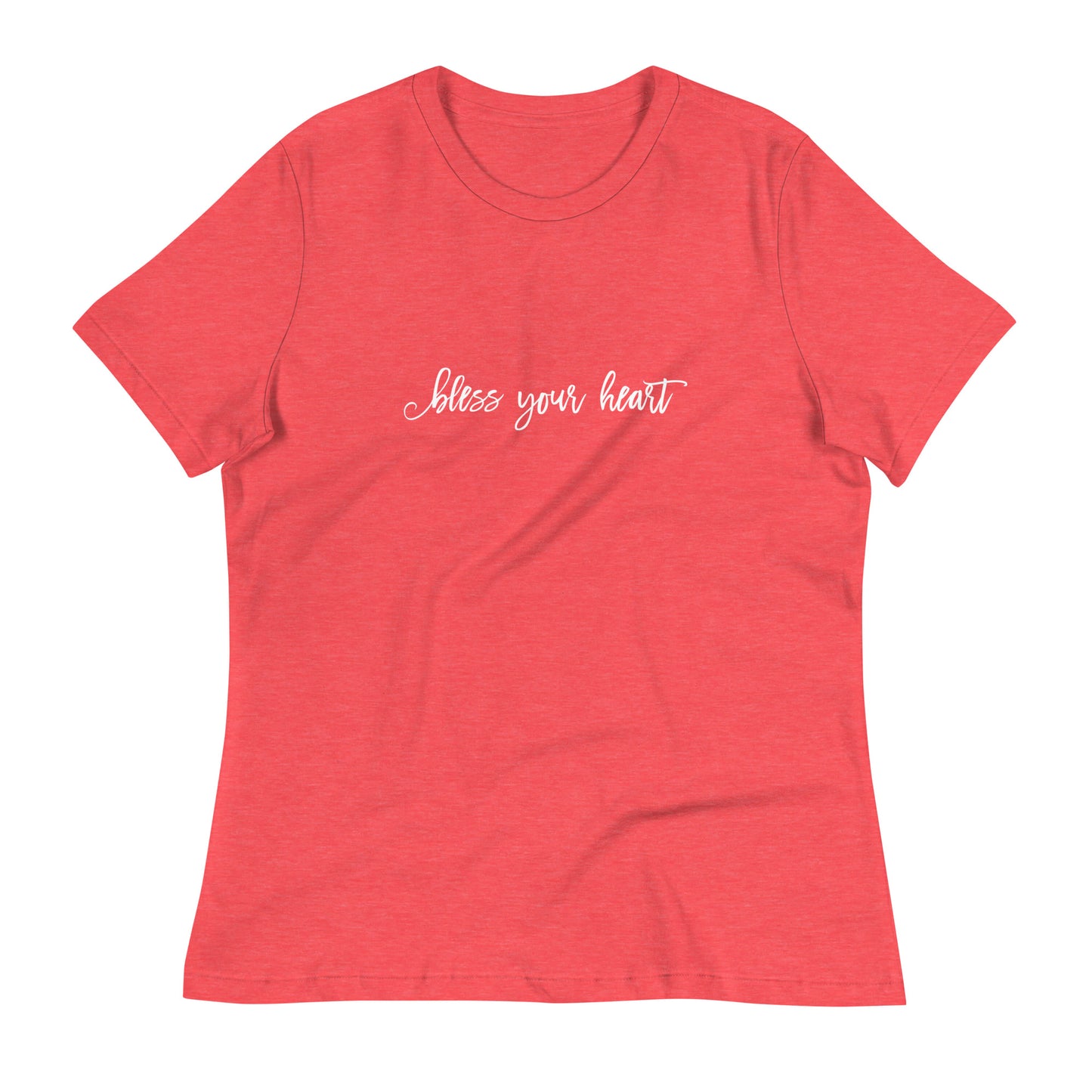 Heather Red women's relaxed fit t-shirt with white graphic in an excessively twee font: "bless your heart"
