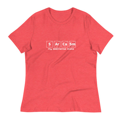 Heather Red women's relaxed fit t-shirt with graphic of periodic table of elements symbols for Sulfur (S), Argon (Ar), Calcium (Ca), and Samarium (Sm) and text "my (ele)mental state"