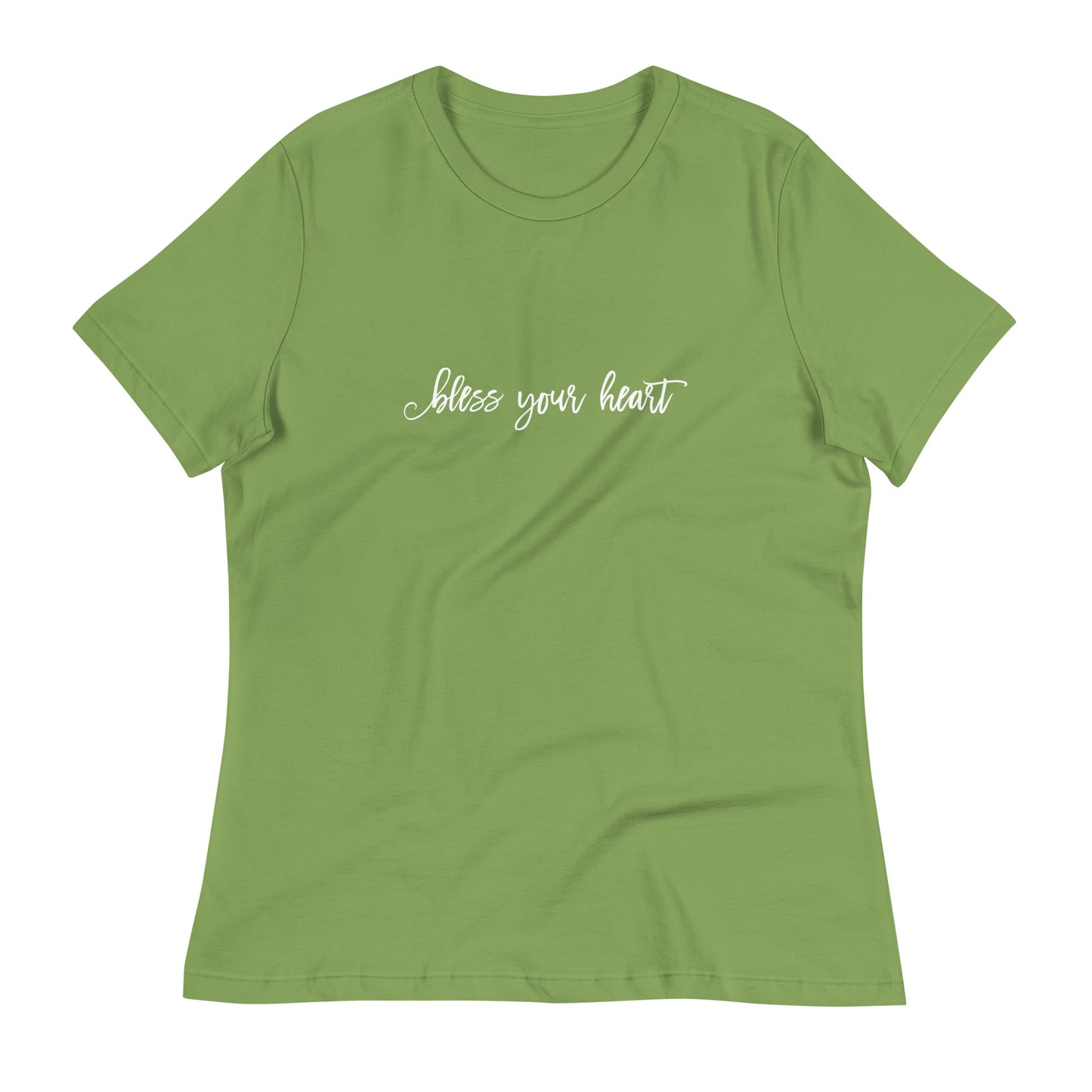 Leaf green women's relaxed fit t-shirt with white graphic in an excessively twee font: "bless your heart"