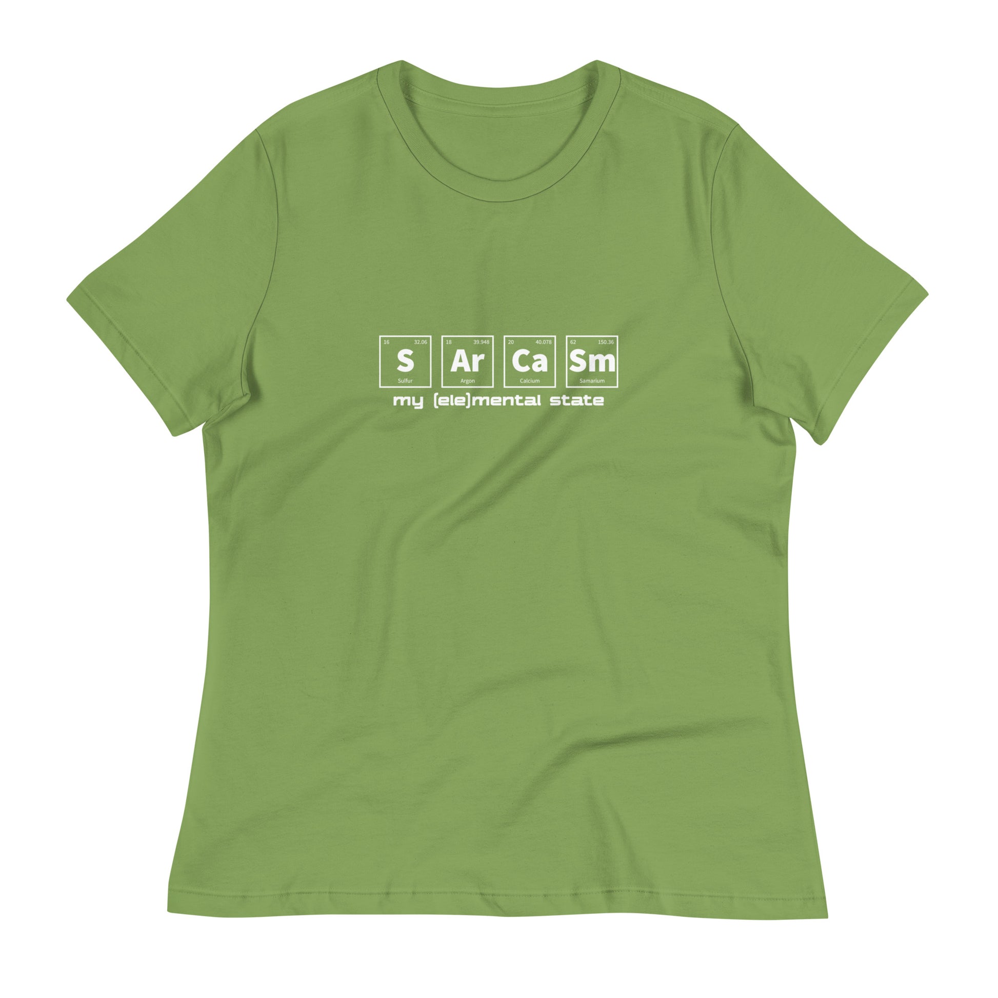 Leaf green women's relaxed fit t-shirt with graphic of periodic table of elements symbols for Sulfur (S), Argon (Ar), Calcium (Ca), and Samarium (Sm) and text "my (ele)mental state"