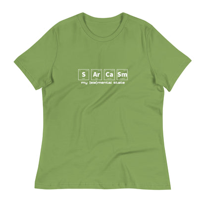 Leaf green women's relaxed fit t-shirt with graphic of periodic table of elements symbols for Sulfur (S), Argon (Ar), Calcium (Ca), and Samarium (Sm) and text "my (ele)mental state"