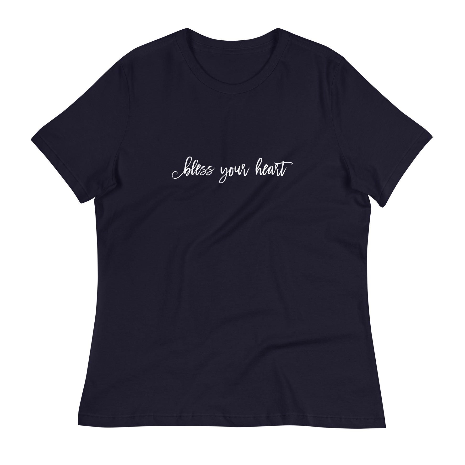 Navy women's relaxed fit t-shirt with white graphic in an excessively twee font: "bless your heart"