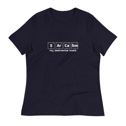 Navy women's relaxed fit t-shirt with graphic of periodic table of elements symbols for Sulfur (S), Argon (Ar), Calcium (Ca), and Samarium (Sm) and text "my (ele)mental state"