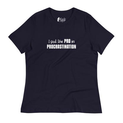 Navy women's relaxed t-shirt with text graphic: "I put the PRO in PROCRASTINATION"