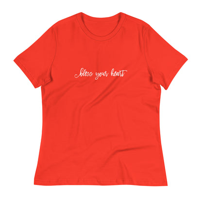 Poppy (bright red) women's relaxed fit t-shirt with white graphic in an excessively twee font: "bless your heart"