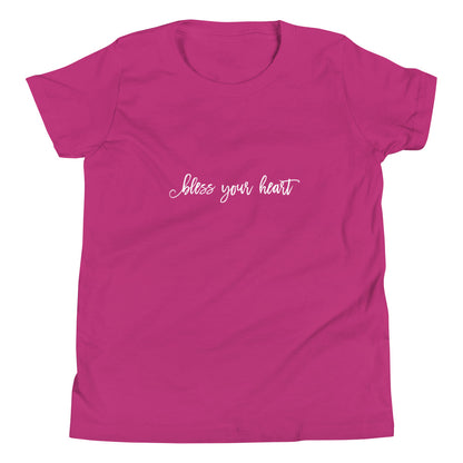 Berry (hot pink) youth t-shirt with white graphic in an excessively twee font: "bless your heart"