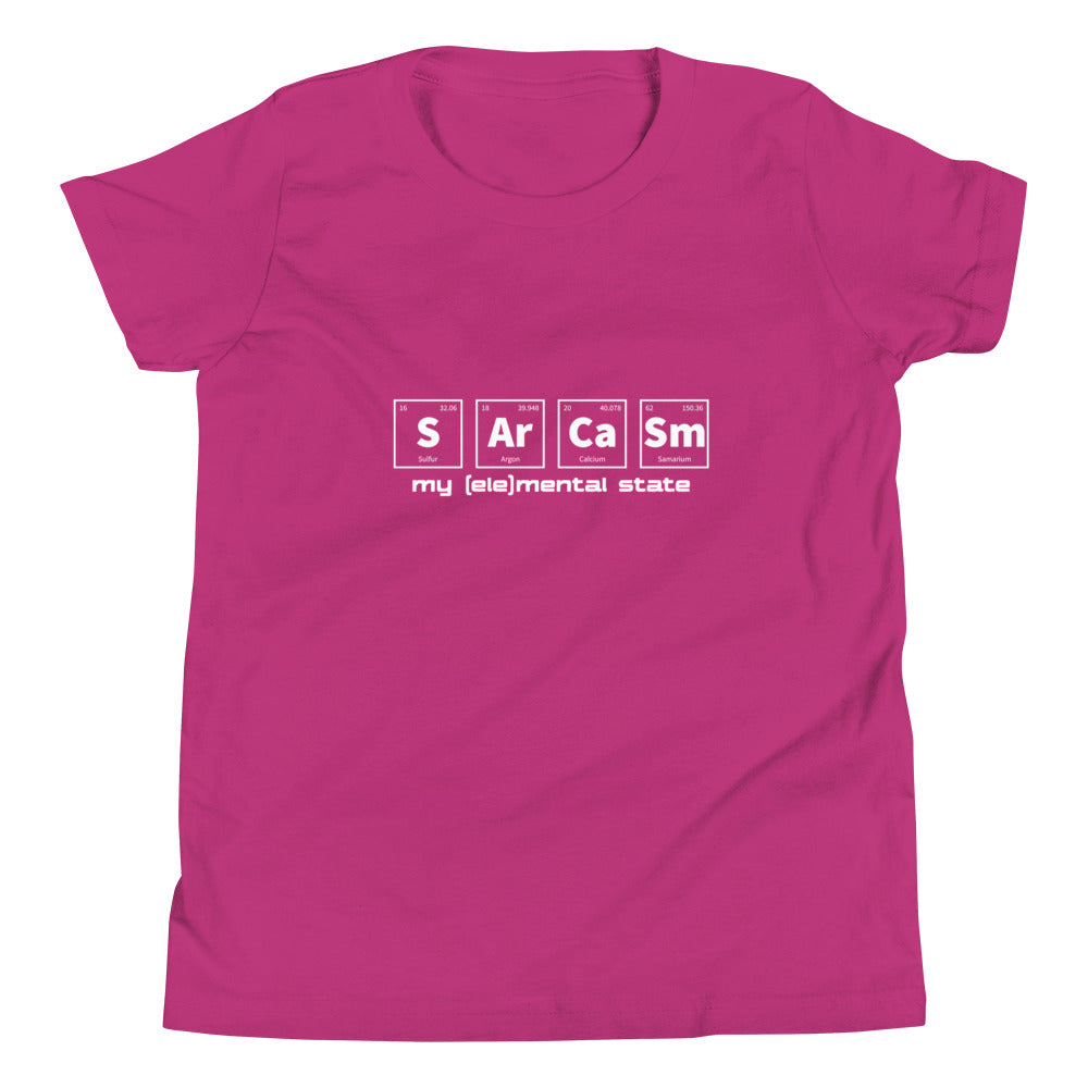 Berry (hot pink) youth t-shirt with graphic of periodic table of elements symbols for Sulfur (S), Argon (Ar), Calcium (Ca), and Samarium (Sm) and text "my (ele)mental state"