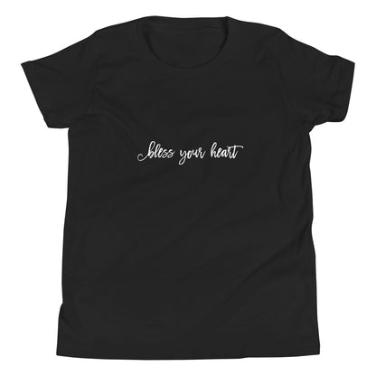 Black youth t-shirt with white graphic in an excessively twee font: "bless your heart"