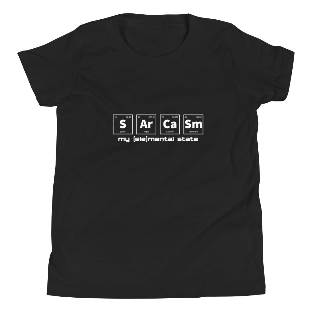 Black youth t-shirt with graphic of periodic table of elements symbols for Sulfur (S), Argon (Ar), Calcium (Ca), and Samarium (Sm) and text "my (ele)mental state"