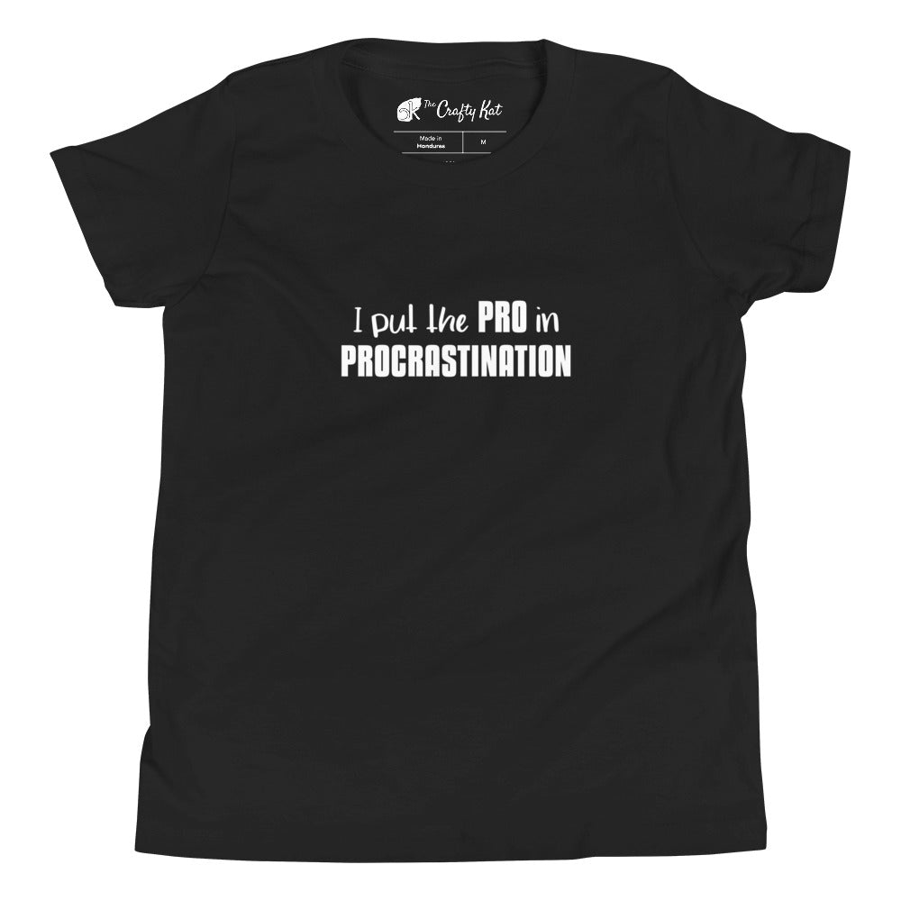Black youth t-shirt with text graphic: "I put the PRO in PROCRASTINATION"