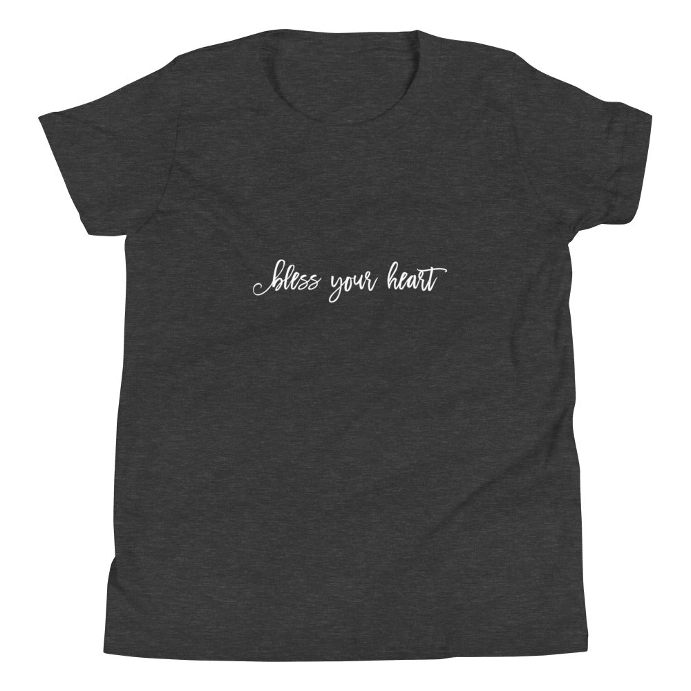 Dark Grey Heather youth t-shirt with white graphic in an excessively twee font: "bless your heart"