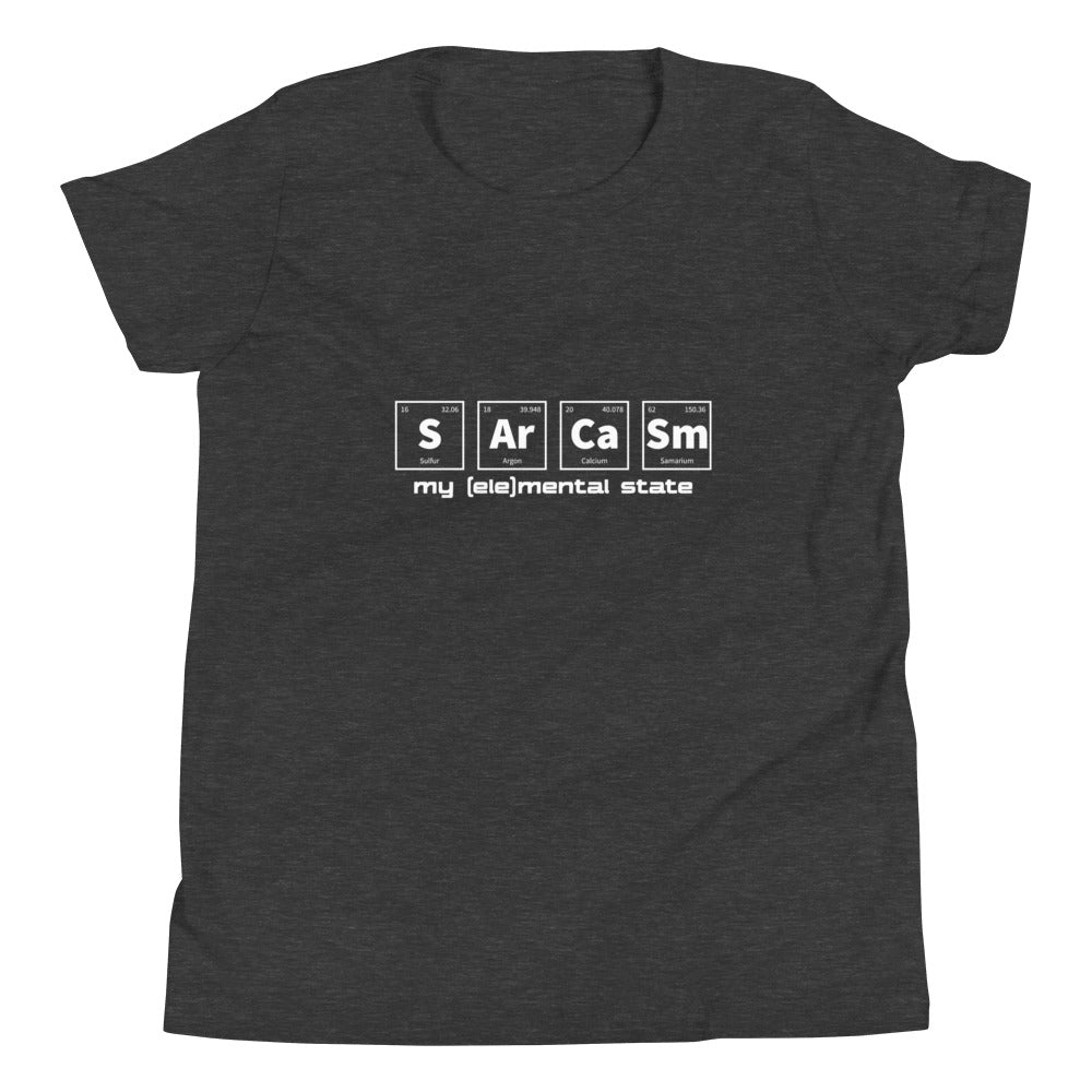 Dark Heather Grey youth t-shirt with graphic of periodic table of elements symbols for Sulfur (S), Argon (Ar), Calcium (Ca), and Samarium (Sm) and text "my (ele)mental state"
