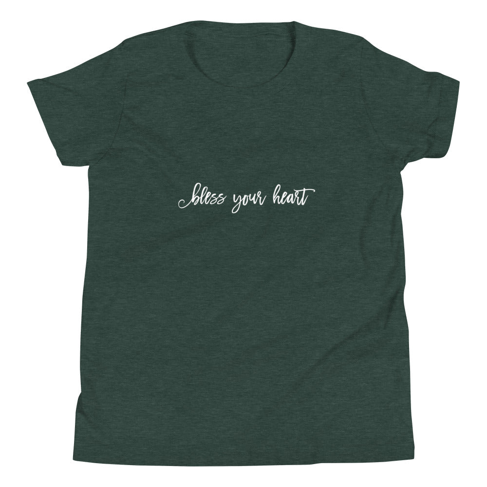 Heather Forest green youth t-shirt with white graphic in an excessively twee font: "bless your heart"