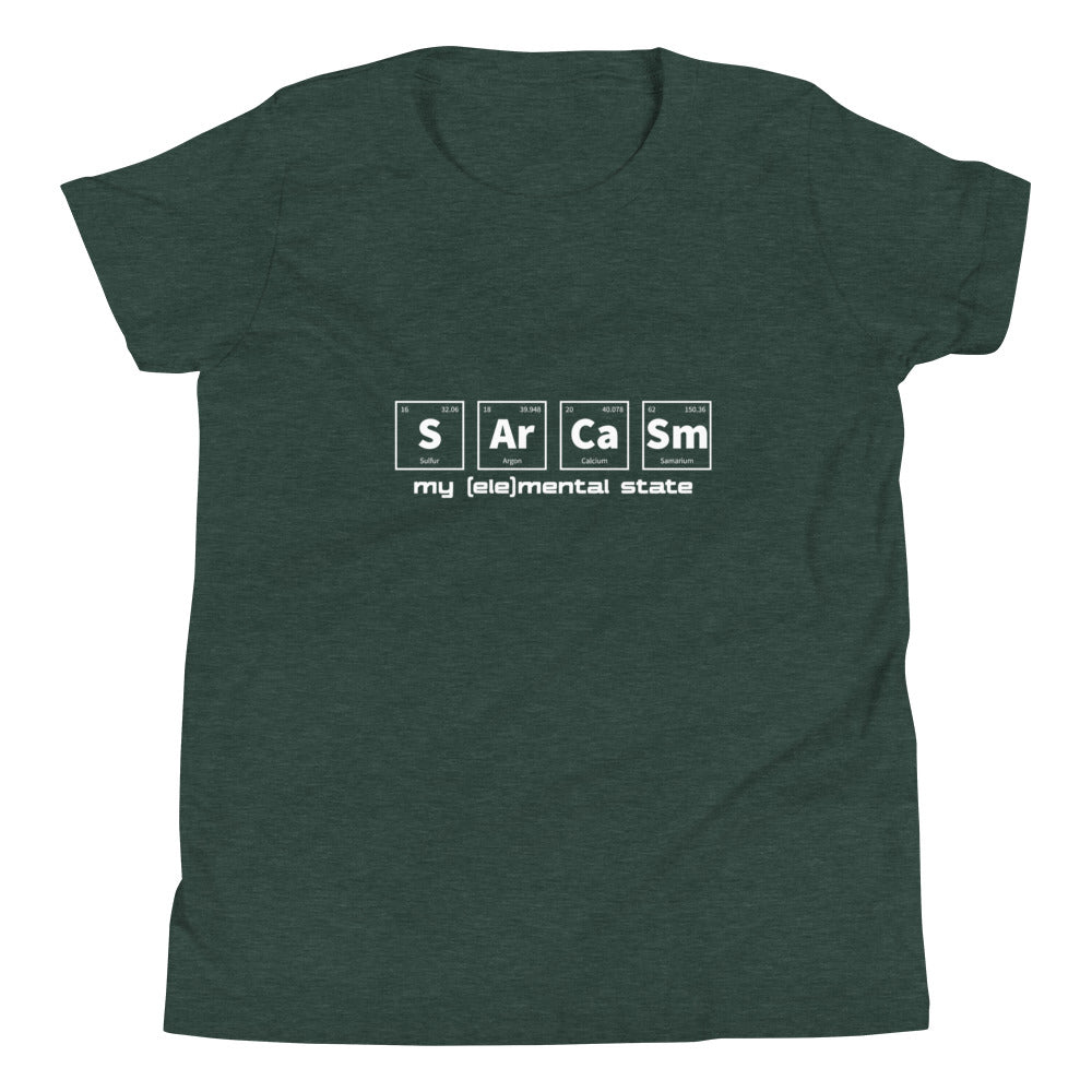 Heather Forest green youth t-shirt with graphic of periodic table of elements symbols for Sulfur (S), Argon (Ar), Calcium (Ca), and Samarium (Sm) and text "my (ele)mental state"