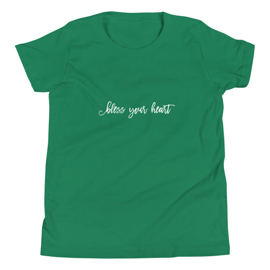 Kelly green youth t-shirt with white graphic in an excessively twee font: "bless your heart"