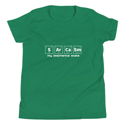 Kelly green youth t-shirt with graphic of periodic table of elements symbols for Sulfur (S), Argon (Ar), Calcium (Ca), and Samarium (Sm) and text "my (ele)mental state"