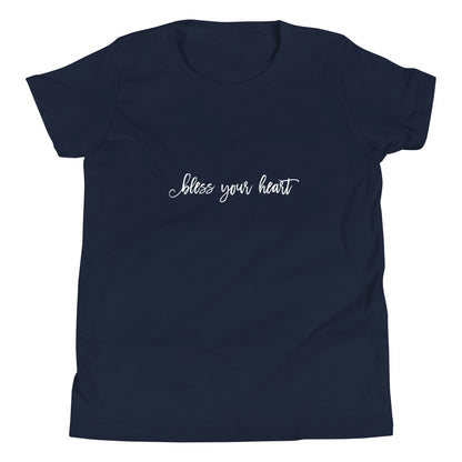 Navy youth t-shirt with white graphic in an excessively twee font: "bless your heart"