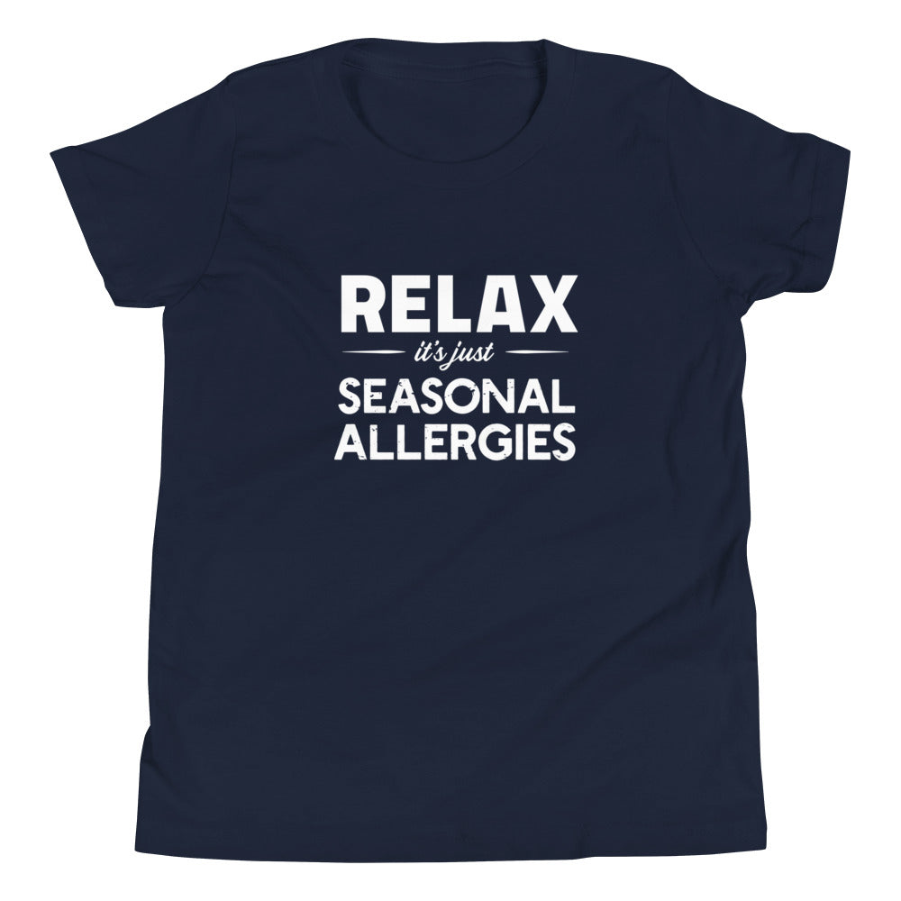 Navy youth t-shirt with white graphic: "RELAX it's just SEASONAL ALLERGIES"
