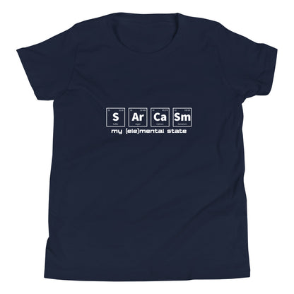 Navy youth t-shirt with graphic of periodic table of elements symbols for Sulfur (S), Argon (Ar), Calcium (Ca), and Samarium (Sm) and text "my (ele)mental state"