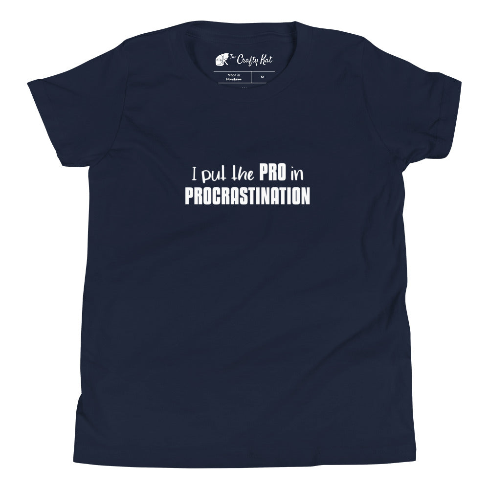 Navy youth t-shirt with text graphic: "I put the PRO in PROCRASTINATION"
