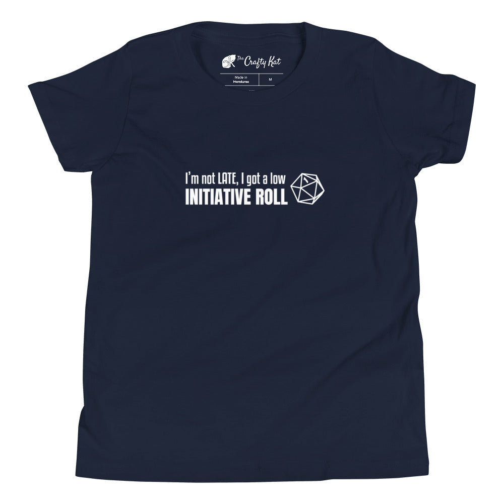 Navy youth t-shirt with a graphic of a d20 (twenty-sided die) showing a roll of "1" and text: "I'm not LATE, I got a low INITIATIVE ROLL"