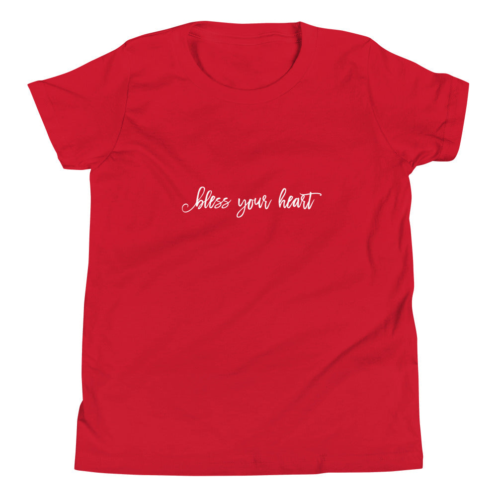 Red youth t-shirt with white graphic in an excessively twee font: "bless your heart"