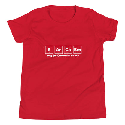Red youth t-shirt with graphic of periodic table of elements symbols for Sulfur (S), Argon (Ar), Calcium (Ca), and Samarium (Sm) and text "my (ele)mental state"