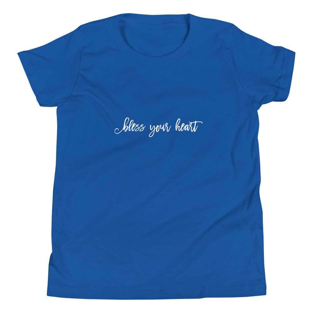 True Royal blue youth t-shirt with white graphic in an excessively twee font: "bless your heart"