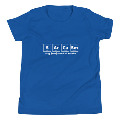 True Royal blue youth t-shirt with graphic of periodic table of elements symbols for Sulfur (S), Argon (Ar), Calcium (Ca), and Samarium (Sm) and text "my (ele)mental state"